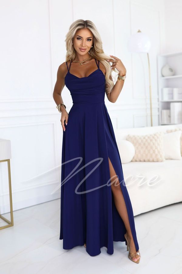Navy blue flared maxi dress with water neckline - Neves