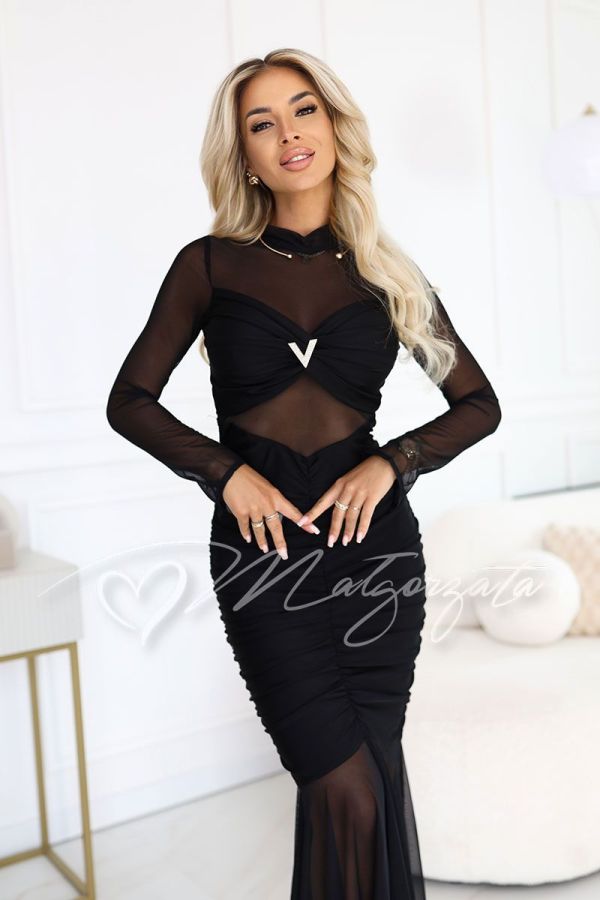 Black stretch mesh dress with fitted sleeves - Ursula