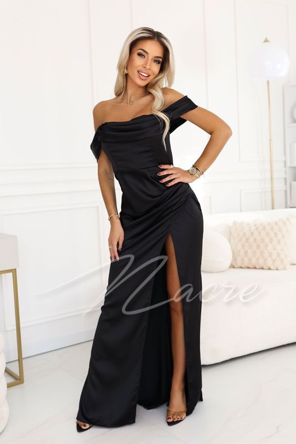 Black satin dress with dropped straps - Alia