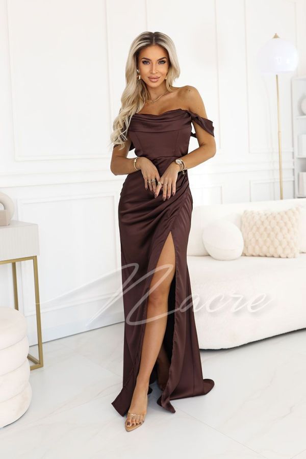 Chocolate satin dress with falling straps - Alia