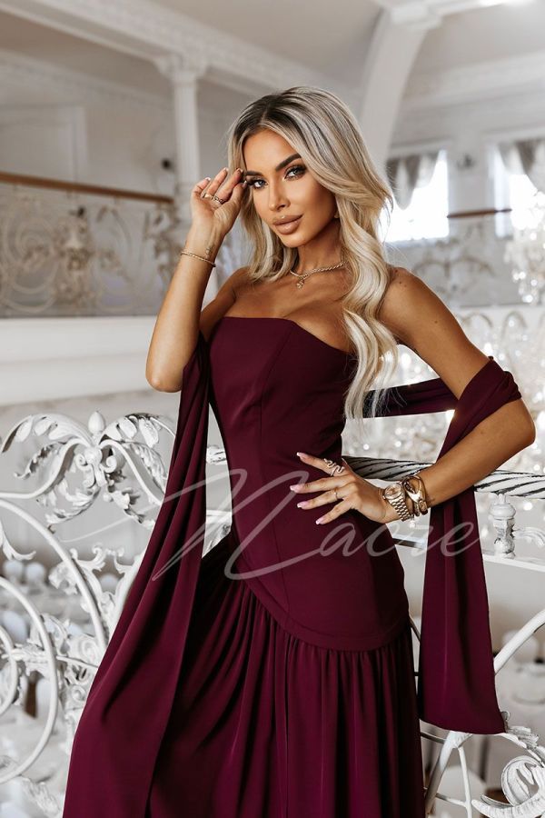 Maroon corset maxi dress with shawl - Alvina