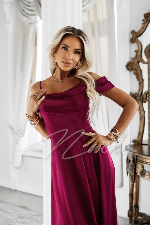 Maroon satin maxi dress with dropped shoulders - Evita