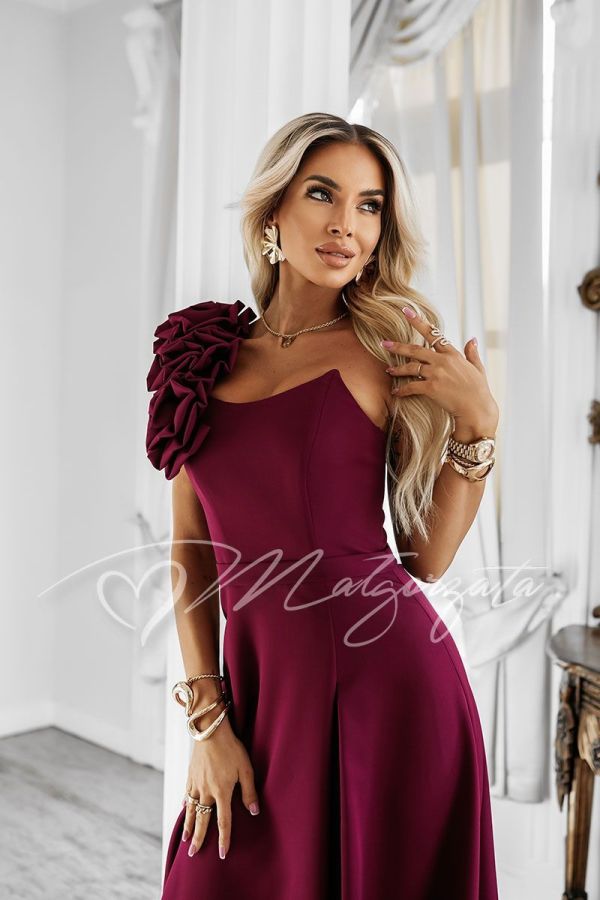 Maroon flared dress with corset and flowers - Kimberly
