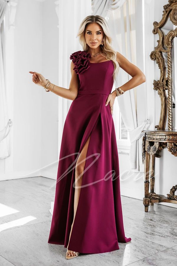 Maroon flared dress with corset and flowers - Kimberly