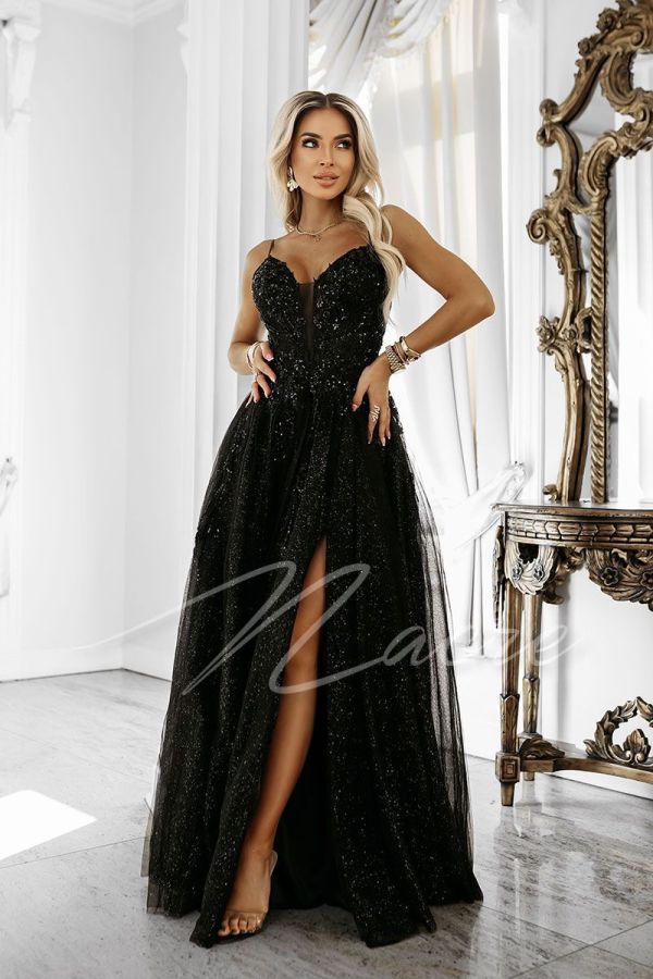 Black strapless tulle dress with richly embellished bodice - Samira