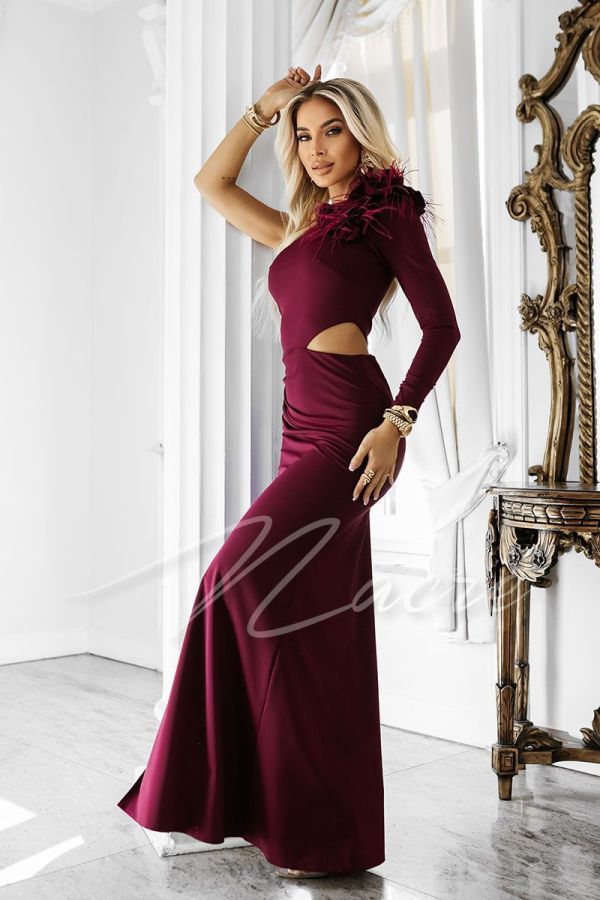 Maroon dress with feathers on one shoulder - Nadine