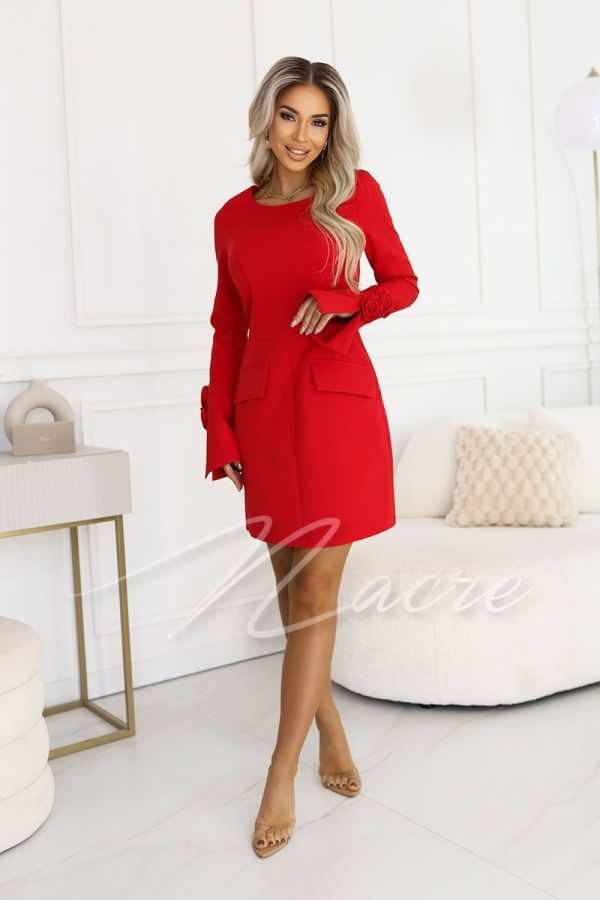 Red knee-length formal dress with long sleeves - Etna