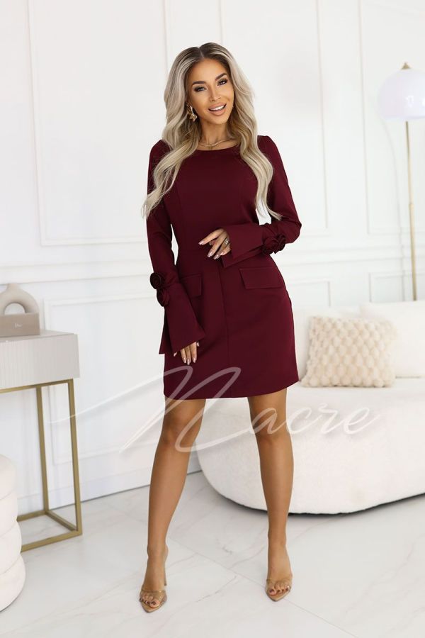 Bordowa sukienka przed kolano wizytowa z długim rękawem - Etna