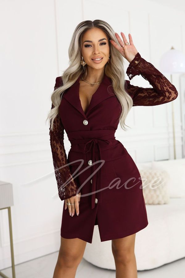 Maroon jacket dress before the knee with lace sleeves - Marta