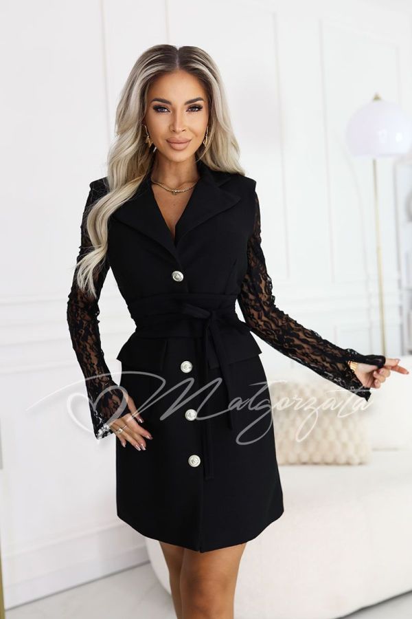 Black jacket dress before the knee with lace sleeves - Marta