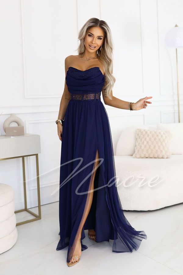 Navy blue tulle maxi dress with sequined bodice - Stella