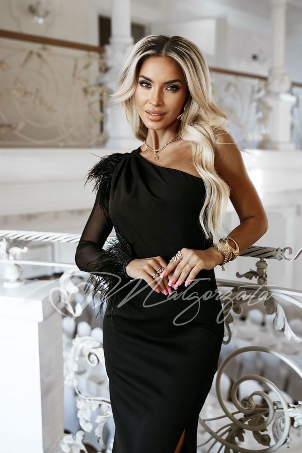 Black Long One Shoulder Dress with Feathers - Adele