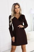 Chocolate knee-length dress with decorative flower and long sleeve - Linda