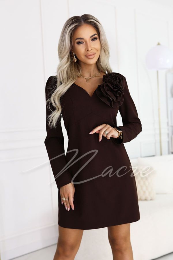 Chocolate knee-length dress with decorative flower and long sleeve - Linda