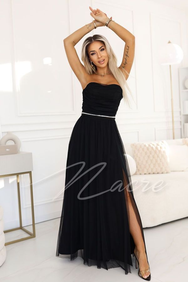 Czarna sukienka tiulowa z gorsetem i ozdobnym paskiem - Perri