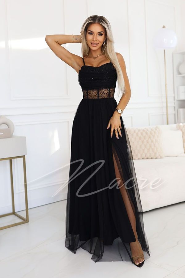 Black tulle maxi dress with sequined bodice - Stella