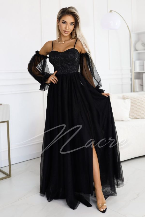 Black corset maxi dress with tulle sleeves - Abby
