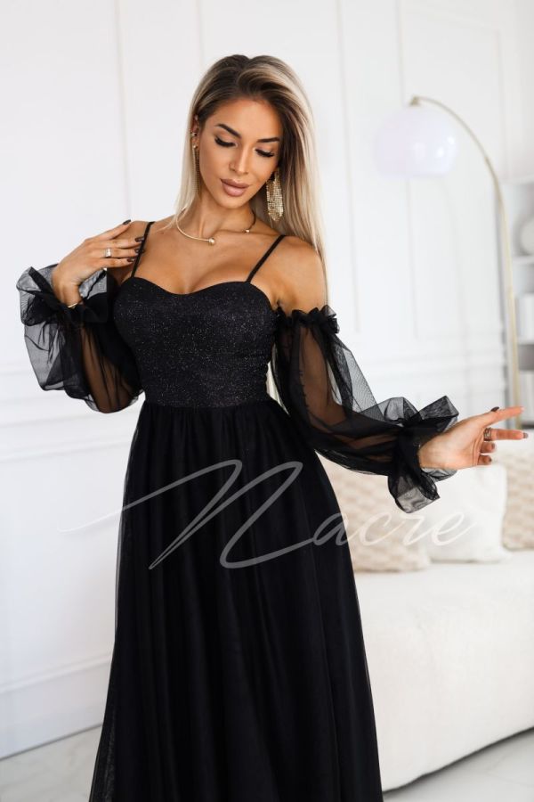 Black corset maxi dress with tulle sleeves - Abby