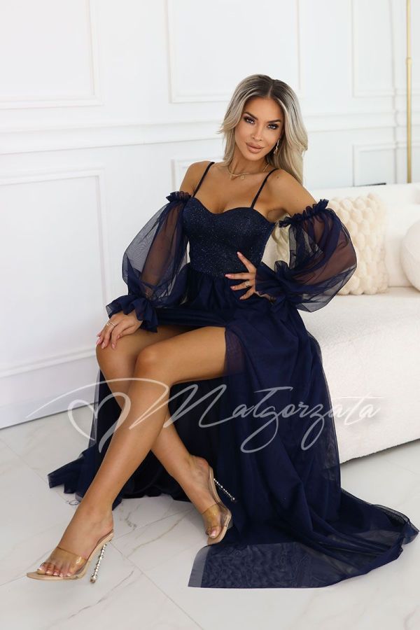 Navy blue corset maxi dress with tulle sleeves - Abby