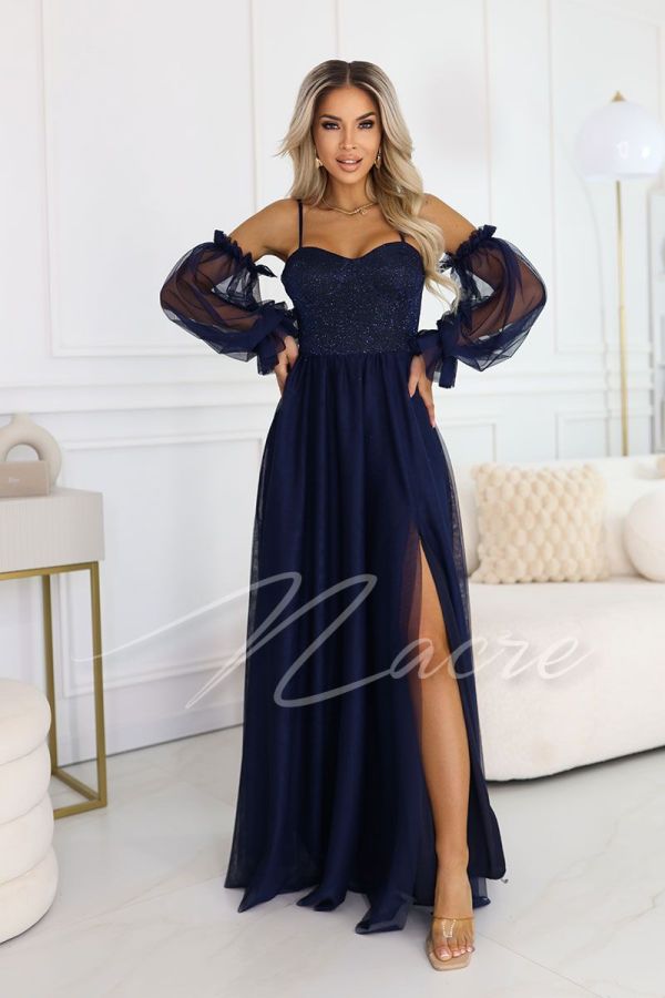 Navy blue corset maxi dress with tulle sleeves - Abby