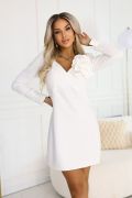White knee-length dress with decorative flower and long sleeve - Linda
