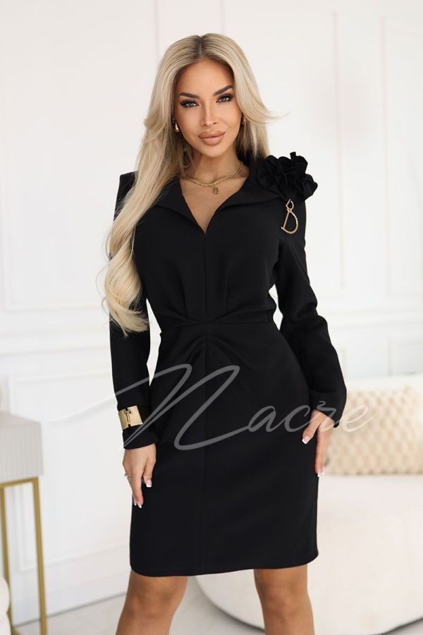 Black formal dress with long sleeves and flower - Bella