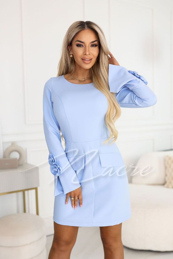 Niebieska wizytowa sukienka przed kolano z długim rękawem - Etna