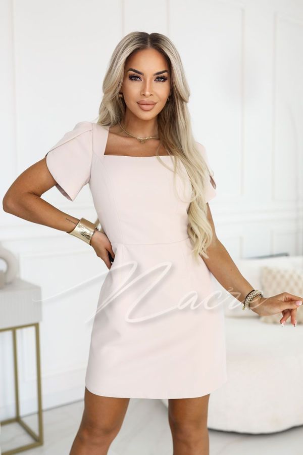 Beige knee-length trapeze dress with karo neckline - Sofia