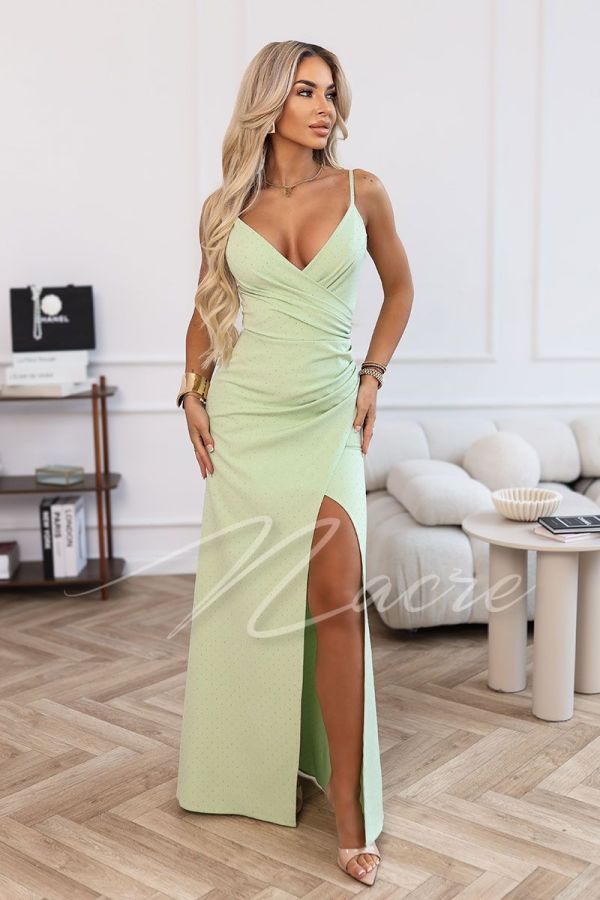 Sage maxi dress with thin straps and rhinestones - Anona