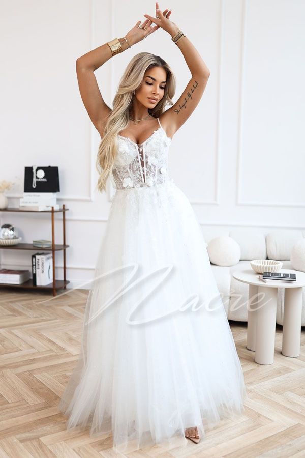 Wedding dress with pearl embellished bodice and brocade bottom - Madeira