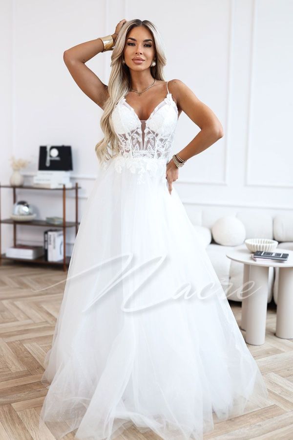 Suknia ślubna na cienkich ramiączkach z koronkowym gorsetem - Ewelina