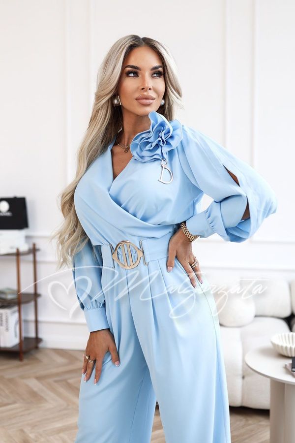 Blue women's jumpsuit with wide trousers and long sleeves - Nati