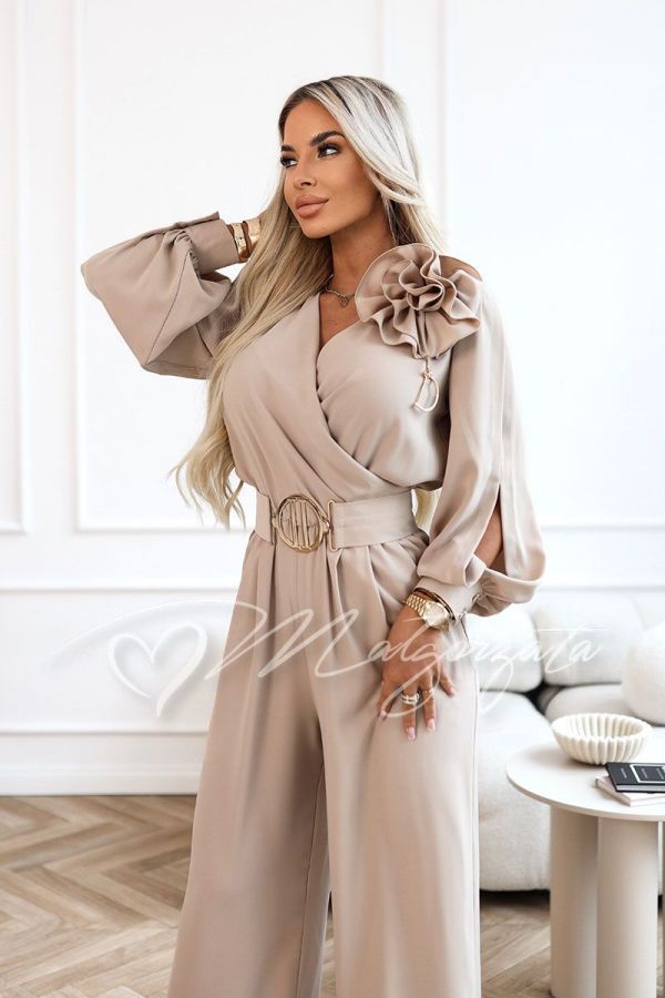 Beige women's jumpsuit with wide trousers and long sleeves - Nati