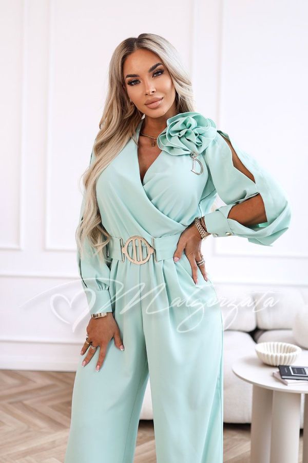 Women's mint jumpsuit with wide trousers and long sleeves - Nati