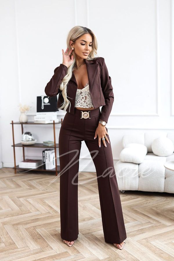 Chocolate women's set with wide trousers in stretch fabric - Eve