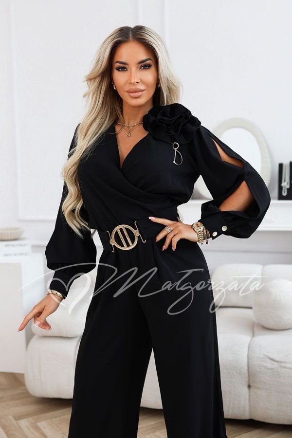 Black women's jumpsuit with wide trousers and long sleeves - Nati
