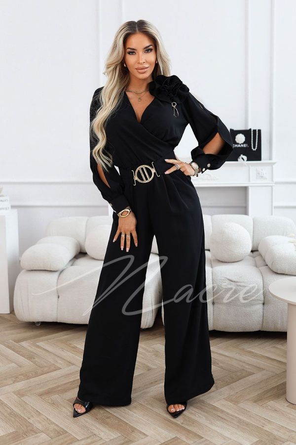 Czarny kombinezon damski z szerokimi spodniami i długim rękawem - Nati