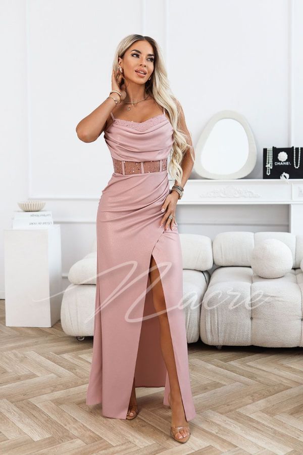 Pink fishnet cut dress with sequinned bodice - Anivia