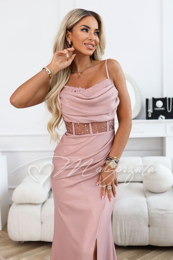 Pink fishnet cut dress with sequinned bodice - Anivia