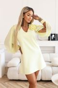 Yellow trapeze dress with long sleeves and flower - Kornela
