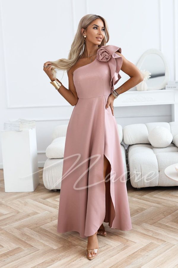 Pink one-shoulder flared dress with flower - Kora
