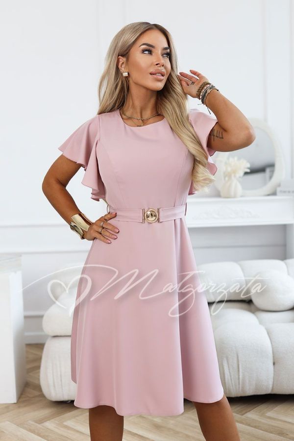 Pink flared formal dress with short sleeves and belt - Paulina