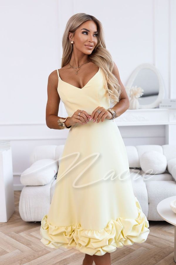 Yellow midi flared dress with draped ruffle - Marcysia