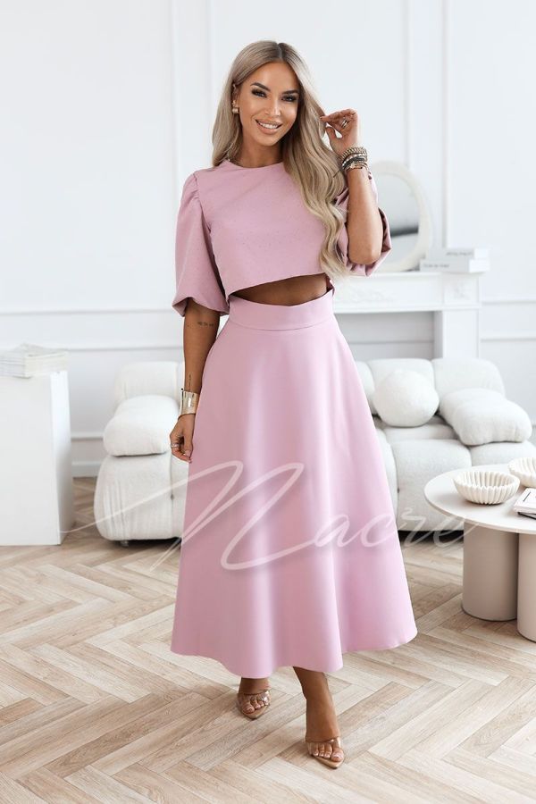 Pink elegant women's set with midi skirt and blouse with rhinestones - Mireja