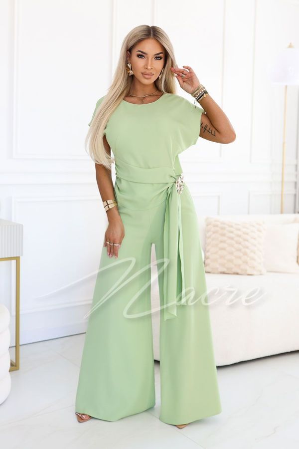 Pistachio women's set with wide trousers and blouse - Leandra