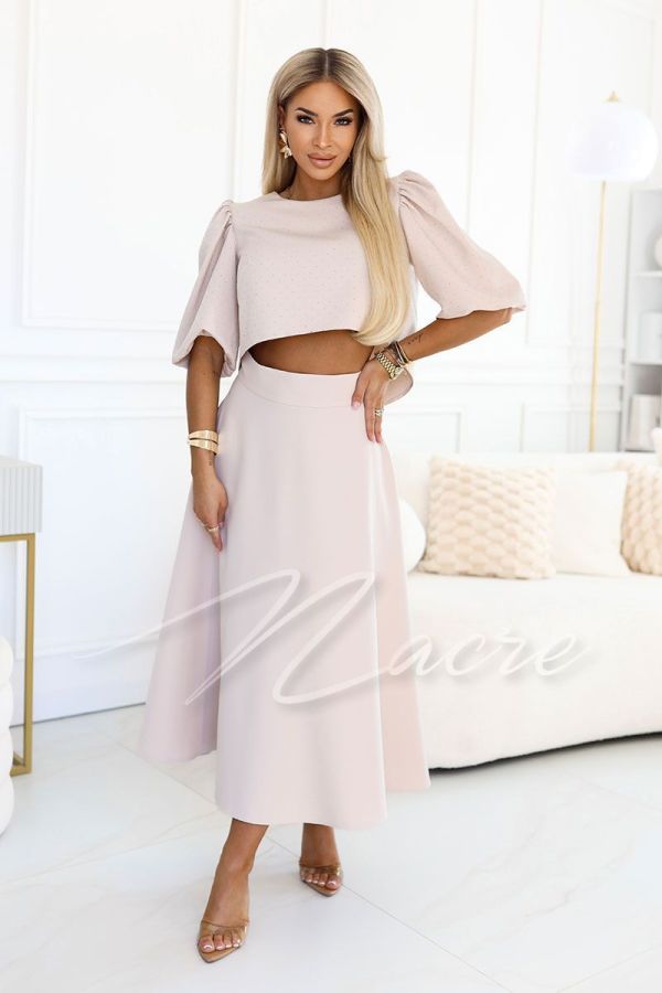 Beige elegant women's set with midi skirt and blouse with rhinestones - Mireja