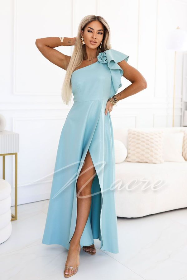 Sage one-shoulder flared dress with flower - Kora