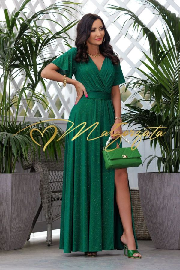 Elizabeth - sukienka maxi z krótkim rękawkiem brokatowa butelkowa zieleń