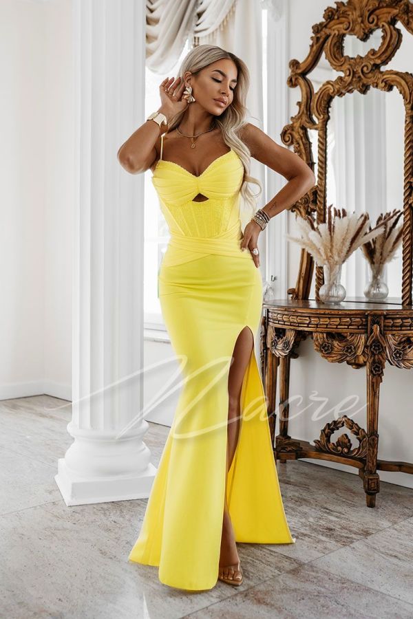 Yellow dress with richly embellished fishtail bodice - Isla