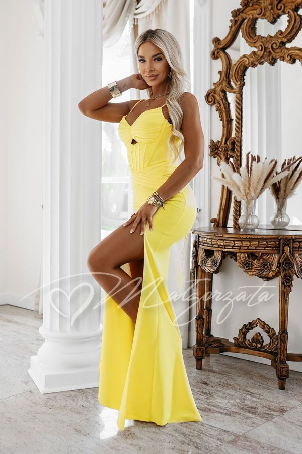 Yellow dress with richly embellished fishtail bodice - Isla